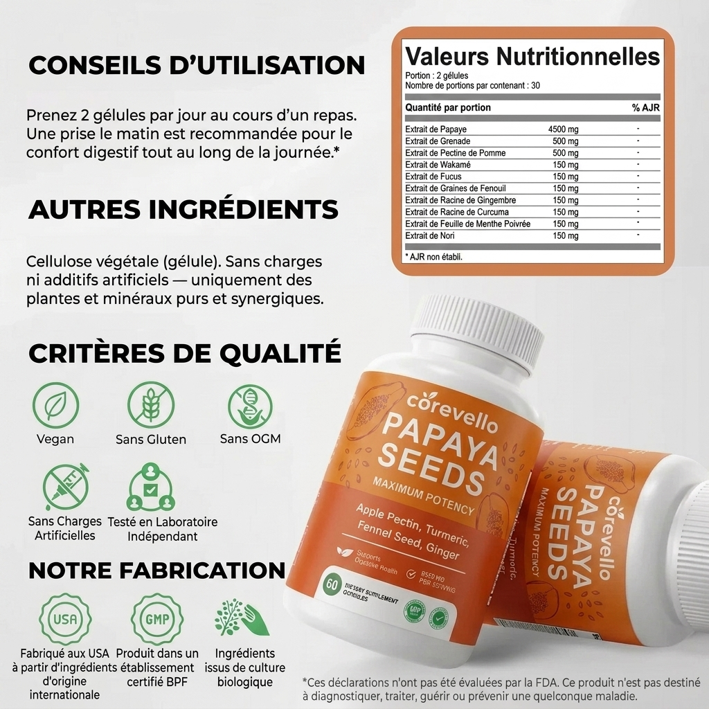 Corevello™ Graines de Papaye – La Formule Complète de Rééquilibrage Intestinal